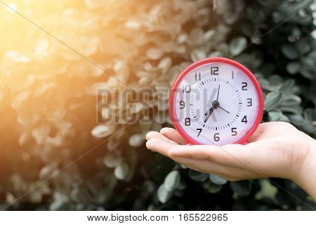 Holding red clock on hand and giving this to you with garden background.