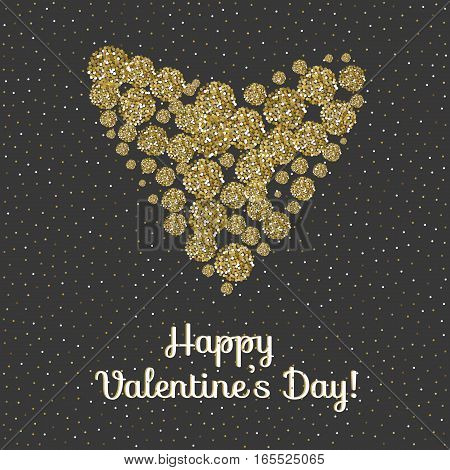 Heart made of sparkling confetti on black background. Happy valentines day card template. Vector illustration.