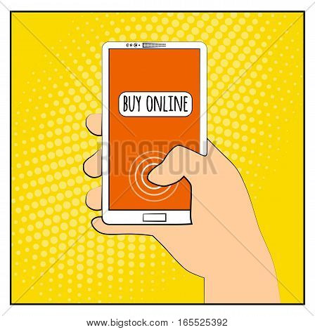 Comic phone with halftone shadows. Hand holding smartphone with buy online internet shopping. Pop art retro style. Flat design. Vector illustration eps 10.