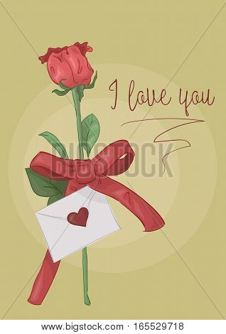 vector illustration greeting card with a happy valentine's day, and a declaration of love with a rose and bow