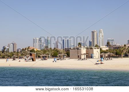 DUBAI UAE - NOV 30 2016: Beautiful Al Mamzar beach in the city of Dubai. United Arab Emirates Middle East