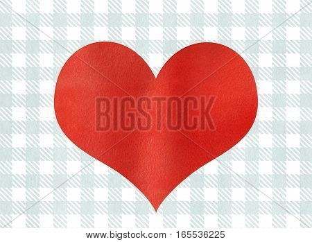 Red Watercolor Heart On Watercolor Blue Checked Background.
