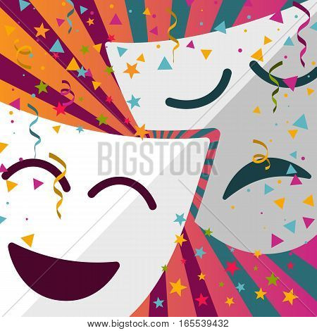 Carnival masks with confetti stars and streamers on colored background