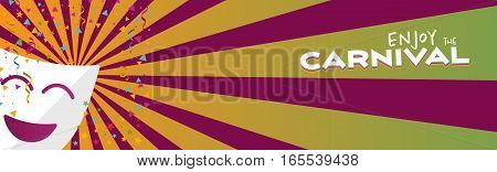 Banner enjoy Carnival mask with confetti and stars on stripes background