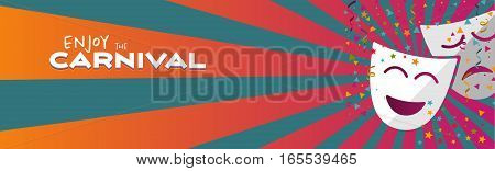 Banner enjoy Carnival masks with confetti and stars on grey background