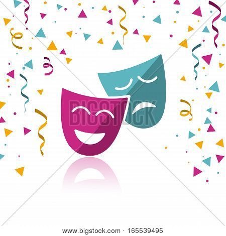 Masks with confetti and reflection on white background