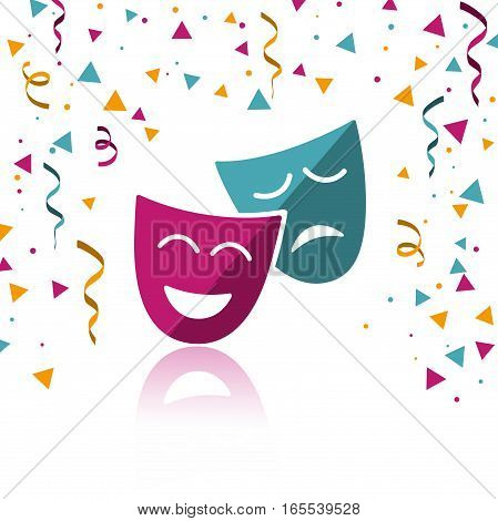 Masks with confetti and reflection on white background