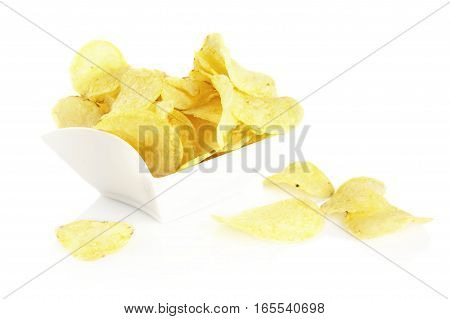 Salted Potato Crisps In The Bowl On White Background