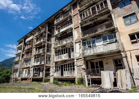 Abandoned house destroyed by war. Mining ghost-town Polyana, Abkhazia. Remnant of The Georgian-Abkhazian war