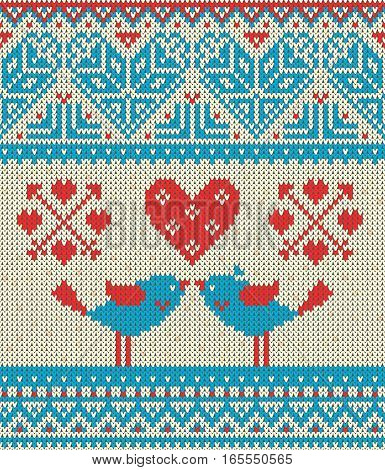 Seamless pattern on the theme of holiday Valentine's Day with an image of the Norwegian and fairisle patterns. Heart birds in a kiss arrows on a light background. Wool knitted texture. Vector Illustration