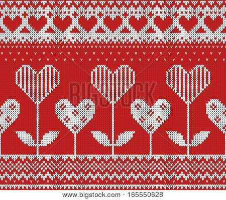 Seamless pattern on the theme of holiday Valentine's Day with an image of the Norwegian and fairisle patterns. Hearts-flowers on a red background. Wool knitted texture. Vector Illustration