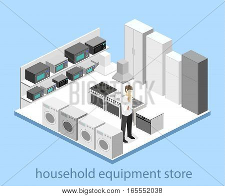 Isometric Flat 3D Concept Vector Cutaway Interior Household Equipment Store