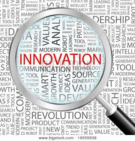 INNOVATION. Loupe sur le fond avec des termes de liaison différents. Illustration vectorielle.