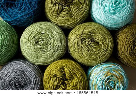 Greenery tone Balls wool cotton silk yarn set top view, Cotton, Crochet, Material, Silk, Greenery, Color of the year 2017