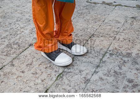 MILAN ITALY - JANUARY 15: Detail of shoes outside Damir Doma fashion show building during Milan Men's Fashion Week on JANUARY 15 2017 in Milan.