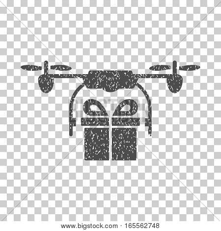 Drone Gift Delivery grainy textured icon for overlay watermark stamps. Flat symbol with unclean texture. Dotted vector gray ink rubber seal stamp with grunge design on a white background.