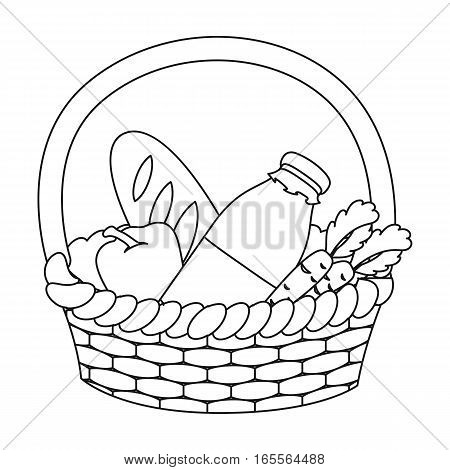 Basket with products icon in outline design isolated on white background. Charity and donation symbol stock vector illustration.