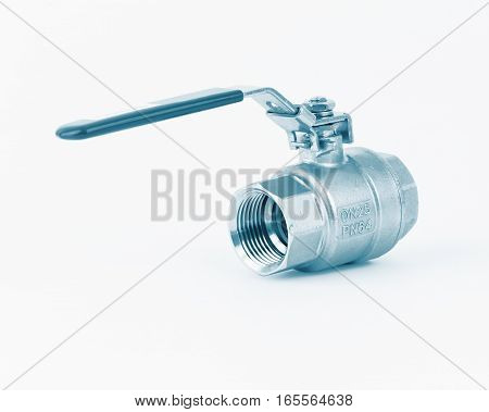Ball valve with blue handles on a white background