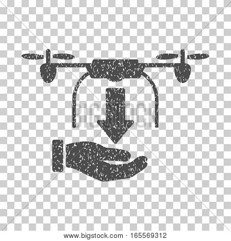 Unload Drone Hand grainy textured icon for overlay watermark stamps. Flat symbol with dust texture. Dotted vector gray ink rubber seal stamp with grunge design on a white background.