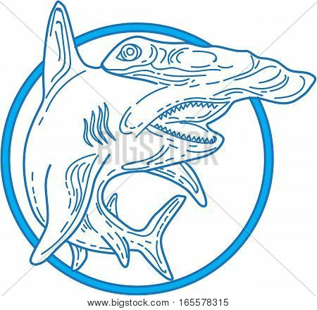 Mono line style illustration of a hammerhead shark set inside circle on isolated white background.