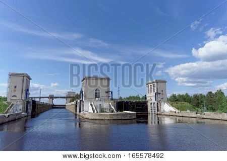 Gorodets, Russia - June 2.2016. View of the lower gateway Gorodetsky to the Volga River