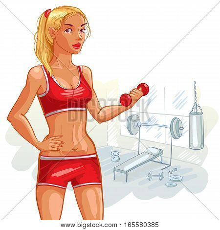 Portrait of smiling sporty girl in gym. Funny cartoon character. Vector illustration. Isolated on white background