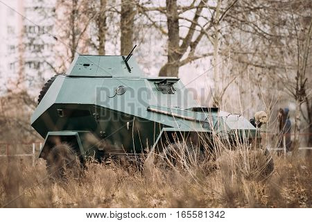 BA-64 Is A Small Lightly Armoured Soviet Scout Car Stands In Autumn Forest.
