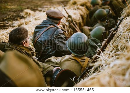 MOGILEV, BELARUS - MAY, 08, 2015: Reconstruction of Battle during events dedicated to 70th anniversary of the Victory of the Soviet people in the Great Patriotic War.