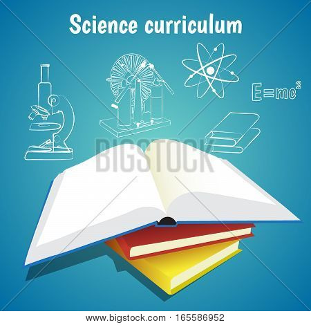 Science curriculum education concept vector illustration. Open book and school subjects icons on blue background.