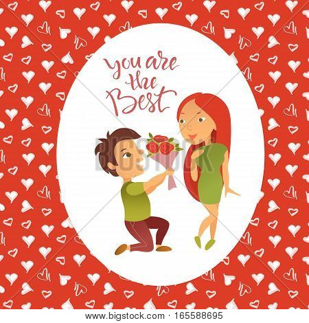 Vector illustration. Greeting card with Valentine's day holiday. Postcard with the image of enamored pair. Man confesses to love a girl. Cartoon characters.