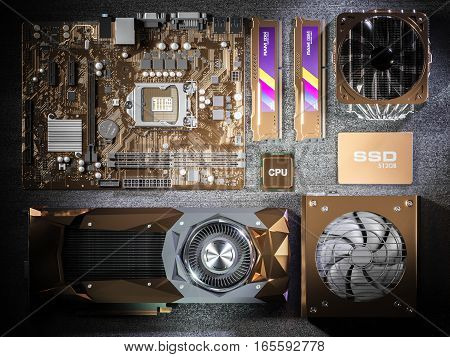 Gold plated PC hardware components on black background. 3d illustration
