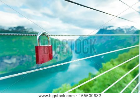 Red Padlock And Geirangerfjord From Flydasjuvet Viewpoint Norway