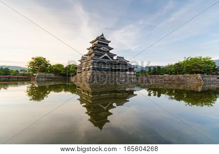 Matsumoto castle reflect on water in evening at nagano japan