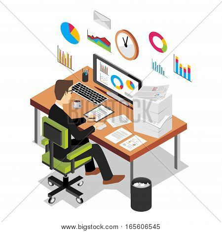 Business person working on computer. Business analyst business growth concept. Modern isometric illustration for Web Banner Website Element Brochures or Book cover.