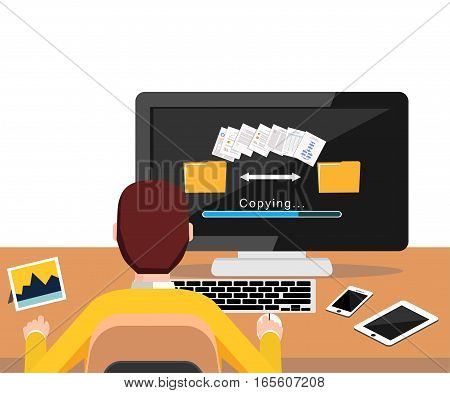 Copying file process on desktop screen concept. Person working on computer. Modern flat design for Web Banner , Website Element , Brochures or Book cover