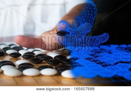 Human playing Go blended to blue computer wireframe representing artificial intelligence concept.
