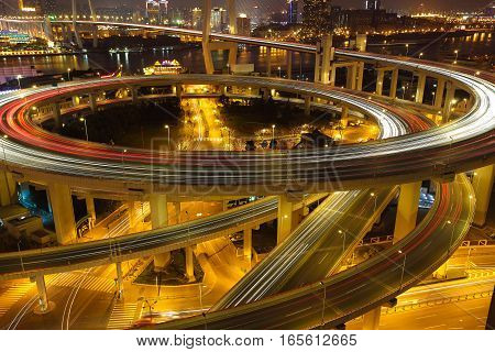 Aerial photography at Asia's largest across the rivers in Shanghai landmarks a spiral nanpu bridge of night scene
