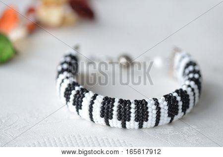 Beaded Crochet Bracelet Like Piano Keyboard Close Up