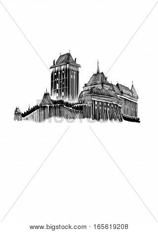 Medieval Czech castle drawn by hand in black ink isolated on white background. Sketh.