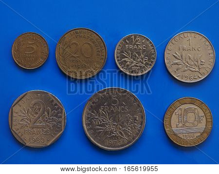 French Franc Coins, France Over Blue
