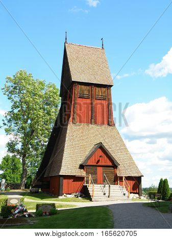 Unique Wooden Bell Tower of the Old Church in Gamla Uppsala, Uppsala, Sweden, Scandinavia
