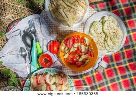 outside picnic with vegetables and chicken skewers