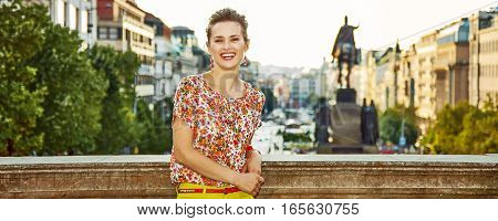Woman Standing On Wenceslas Square In Prague Czech Republic