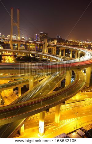 Aerial Photography At Shanghai Viaduct Overpass Bridge Of Night Scene