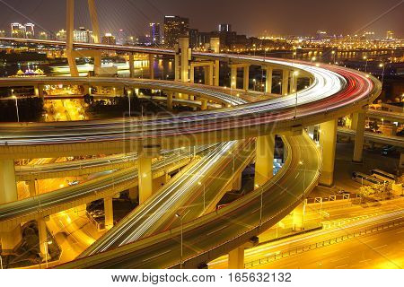 Aerial Photography At Shanghai Viaduct Overpass Bridge Of Night Scene