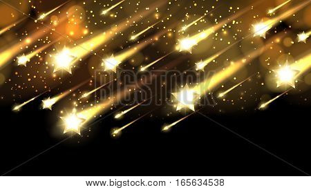 Gold star fall pattern. Holiday awards night vector background with stars rain or awarding shower. Bright comet meteorite in space illustration