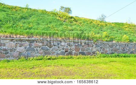 Wall of Old Korela fortress in the town of Priozersk Russia.