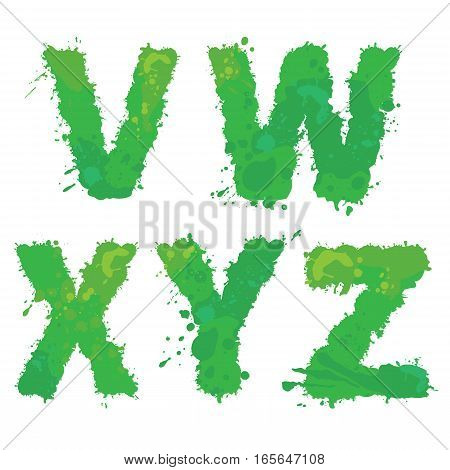 V W X Y Z Handdrawn english alphabet - letters are made of green watercolor ink splatter paint splash font. Isolated on white background.