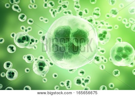 Human cells or animal on green background. Life and biology, medicine scientific concept with focus effect, 3d rendering