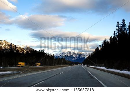 Road in the Evenin in Winter Canadian Rockies Alberta Canada